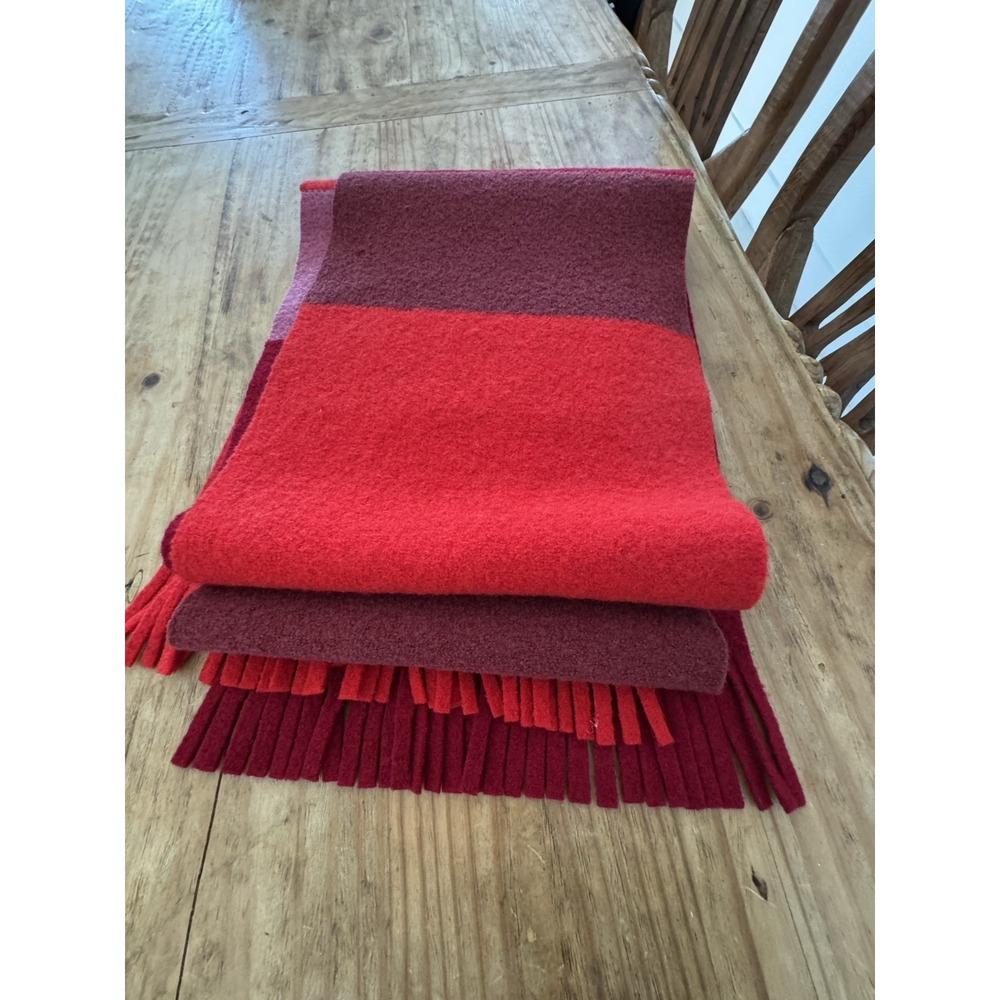 Vintage Lucy Barlow Wool Scarf Made in England Red Burgundy Colorblock Fringe - Picture 10 of 14